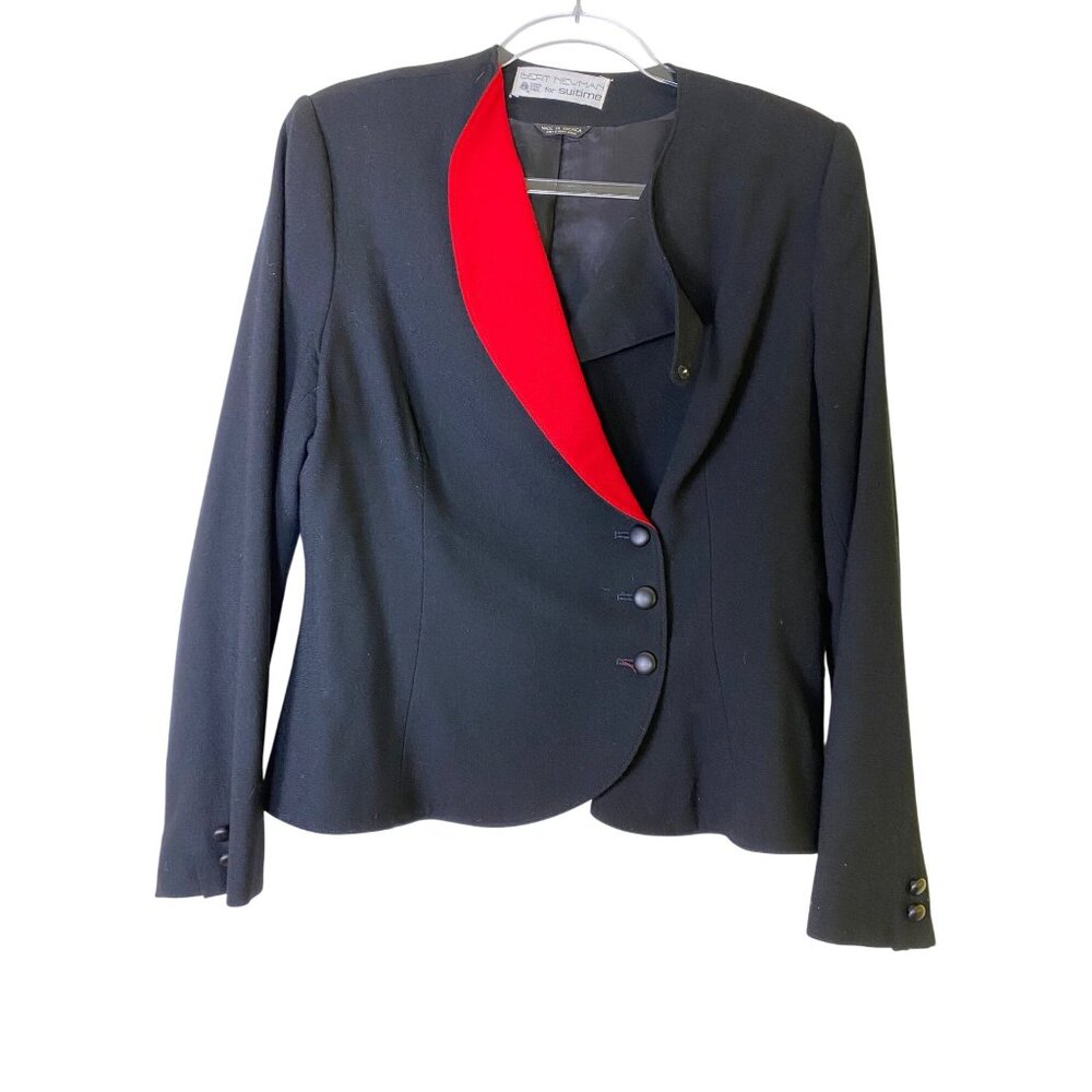 BERT NEWMAN SUITIME Vintage Black Wool Blazer Red Accent Lapel Size‎ 14 Eighties